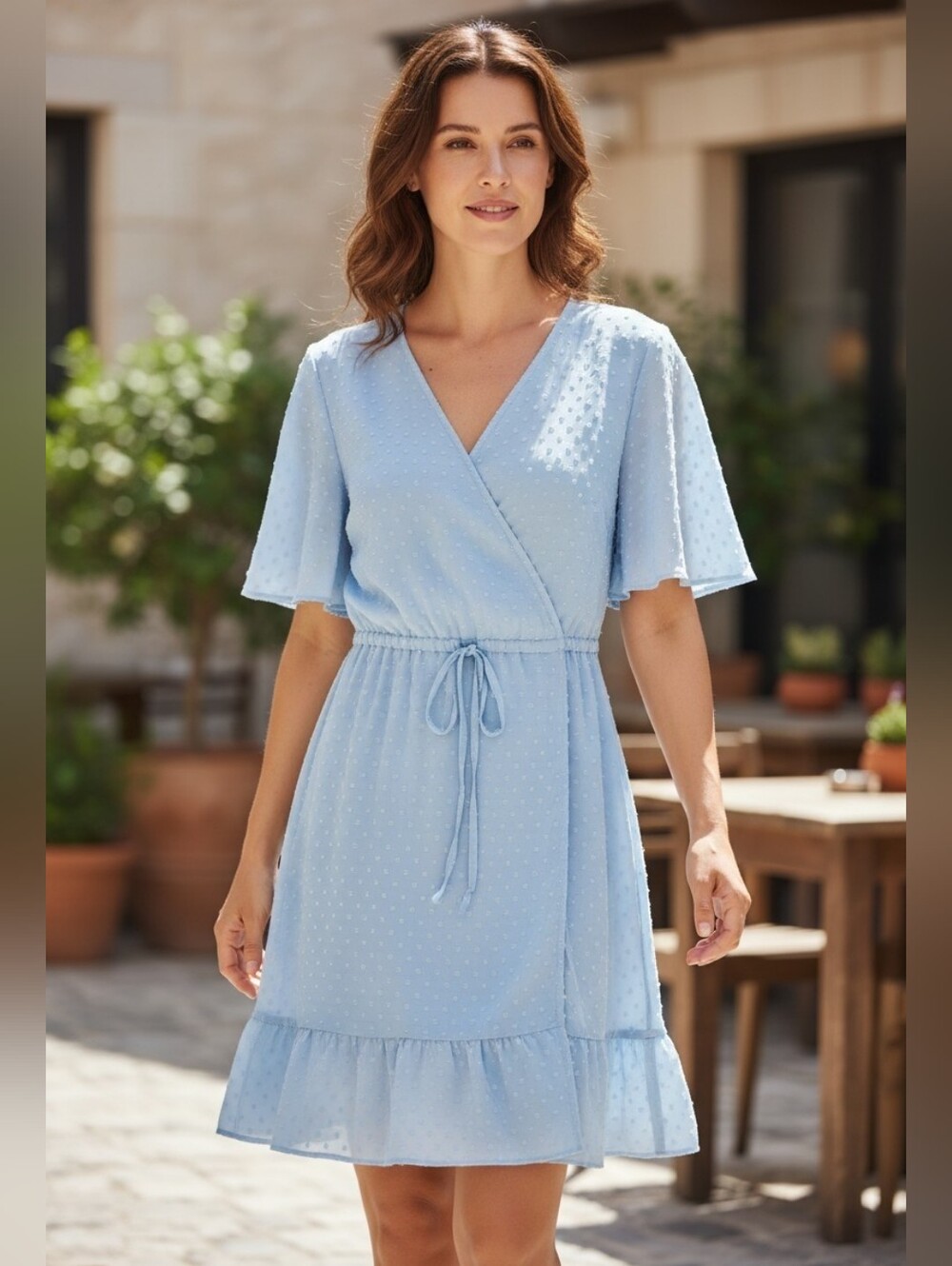 NWT Light Aqua Blue Swiss Dot Wrap Dress Ruffle Hem Flutter Sleeves Sz. L